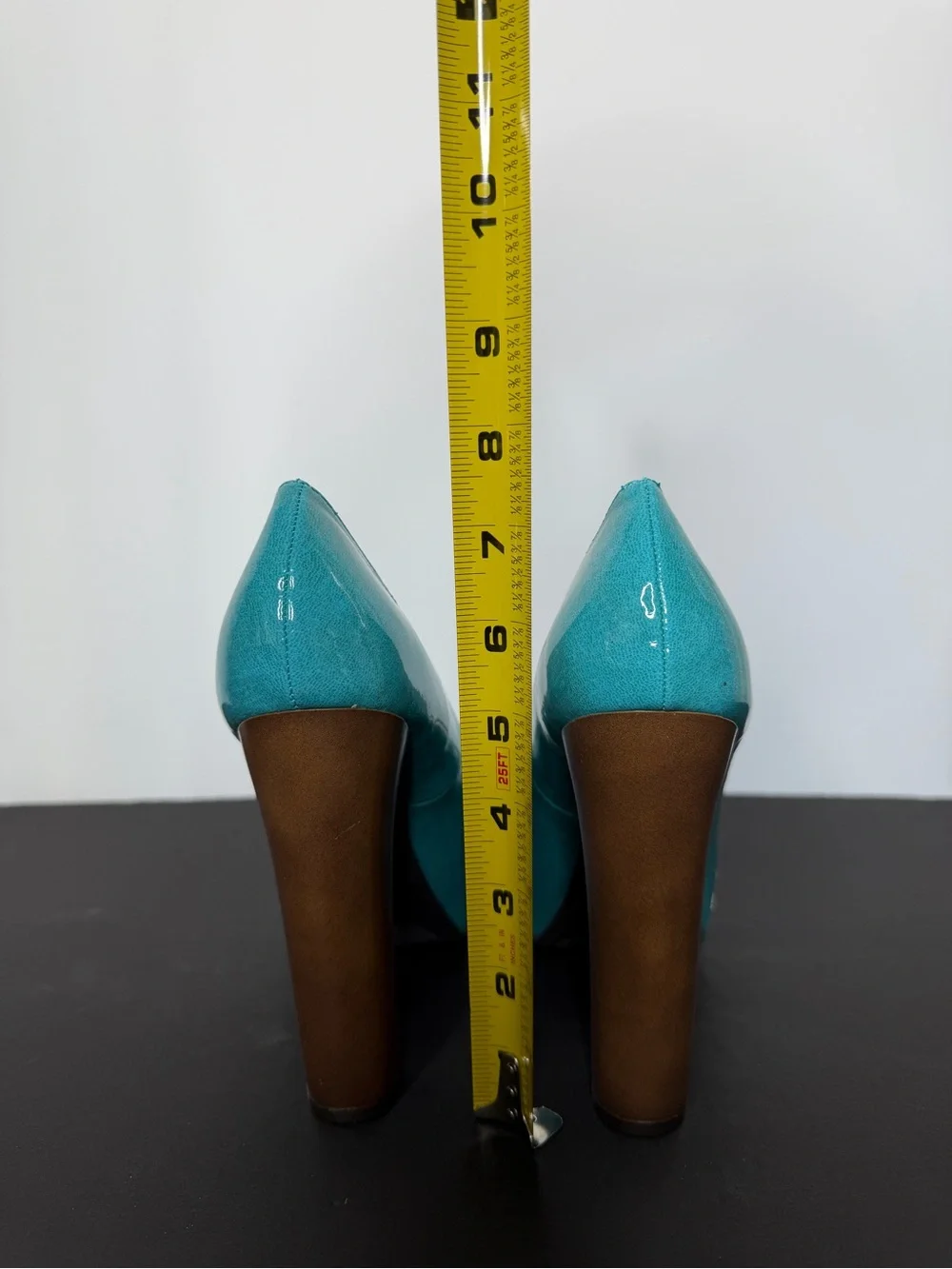 Qupid Teal Peep-Toe Platform High Heels with Brown Block Heel